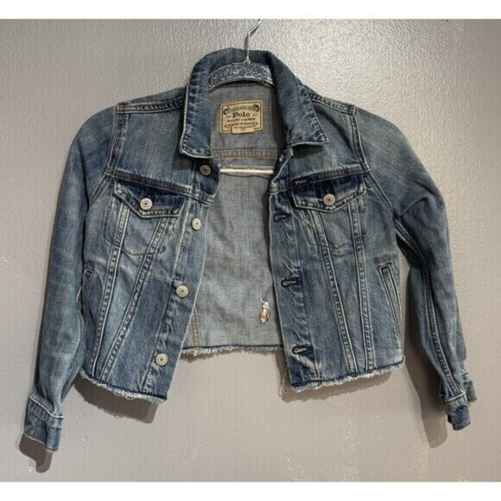 Polo Ralph Lauren Jean Jacket Youth Blue Denim Spell Out Logo Cropped Girl's 7